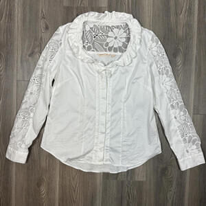 Soft Surroundings‎ White Button Down Shirt with Ruffle Collar and Lace Inserts